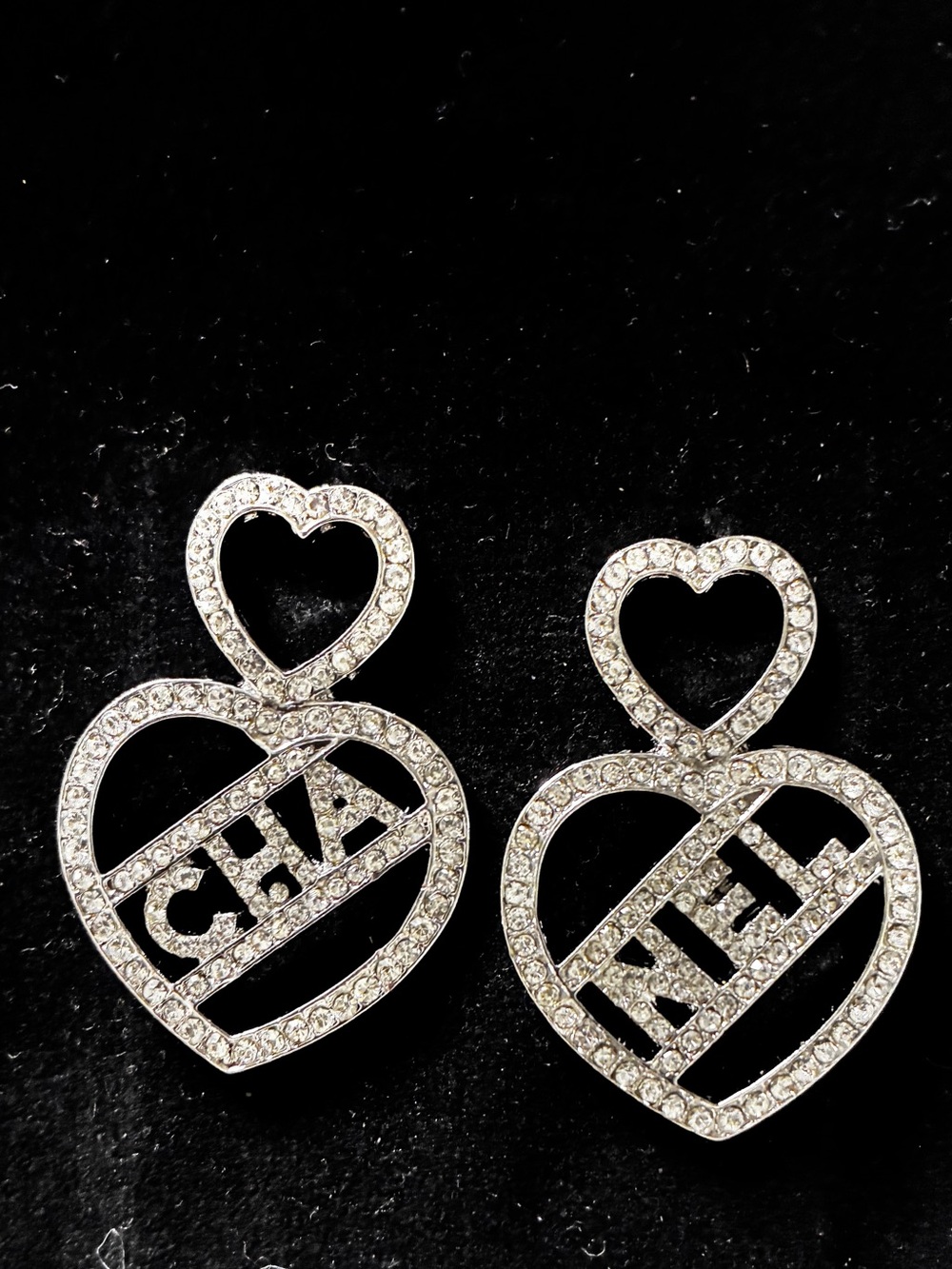 Double C Heart Spell -out Crystal Embellished Silver- Tone Earrings